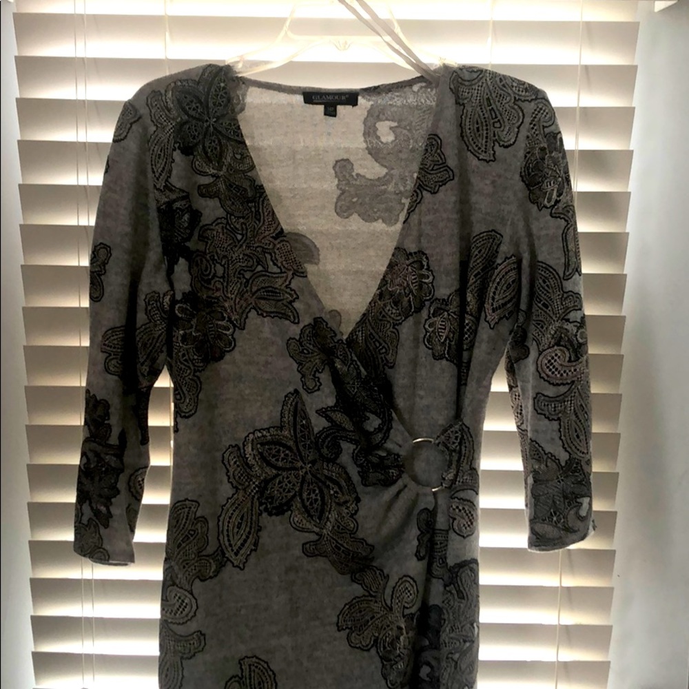 Gray Patterned Faux Wrap Dress